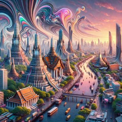 The primary subject of the image is a futuristic cityscape with a variety of buildings, including skyscrapers and other architectural structures. The setting is a city with a river running through it, and the visual style is a digital art or illustration. The colors and mood of the image are vibrant and lively, with a mix of blue, green, and purple hues. The cityscape is bustling with activity, featuring numerous boats and vehicles, such as cars and buses,